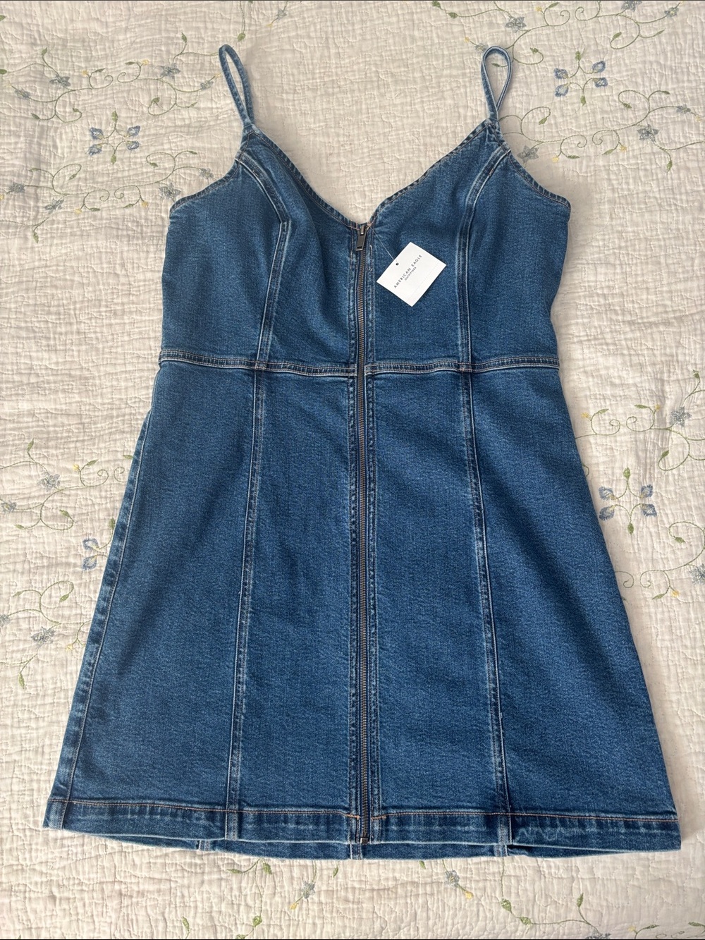 NWT American Eagle Denim Mini Dress XL Zip Front fitted Stretch Jean Dress